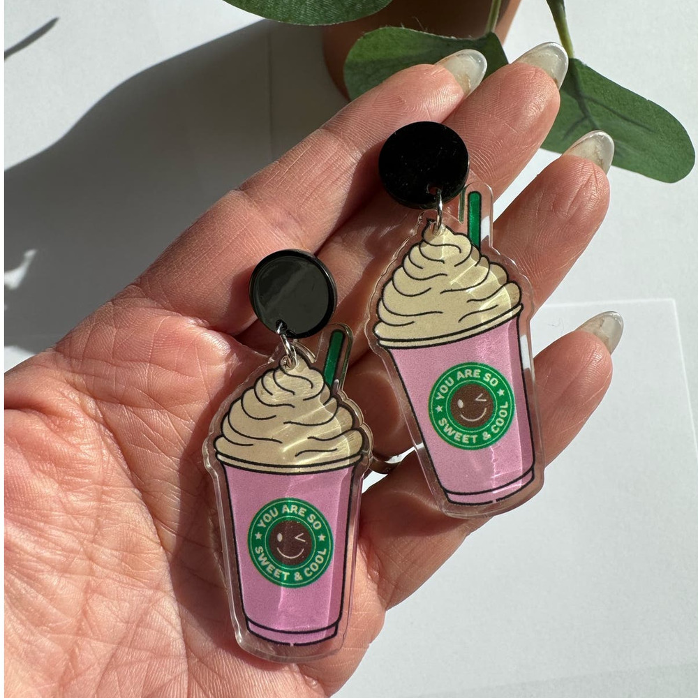 NEW Cute Pink Acrylic Starbies Frappuccino Stud Dangle Earrings